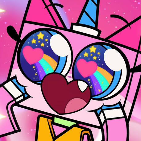 screenshot of unikitty against a pink background with sparkly eyes
